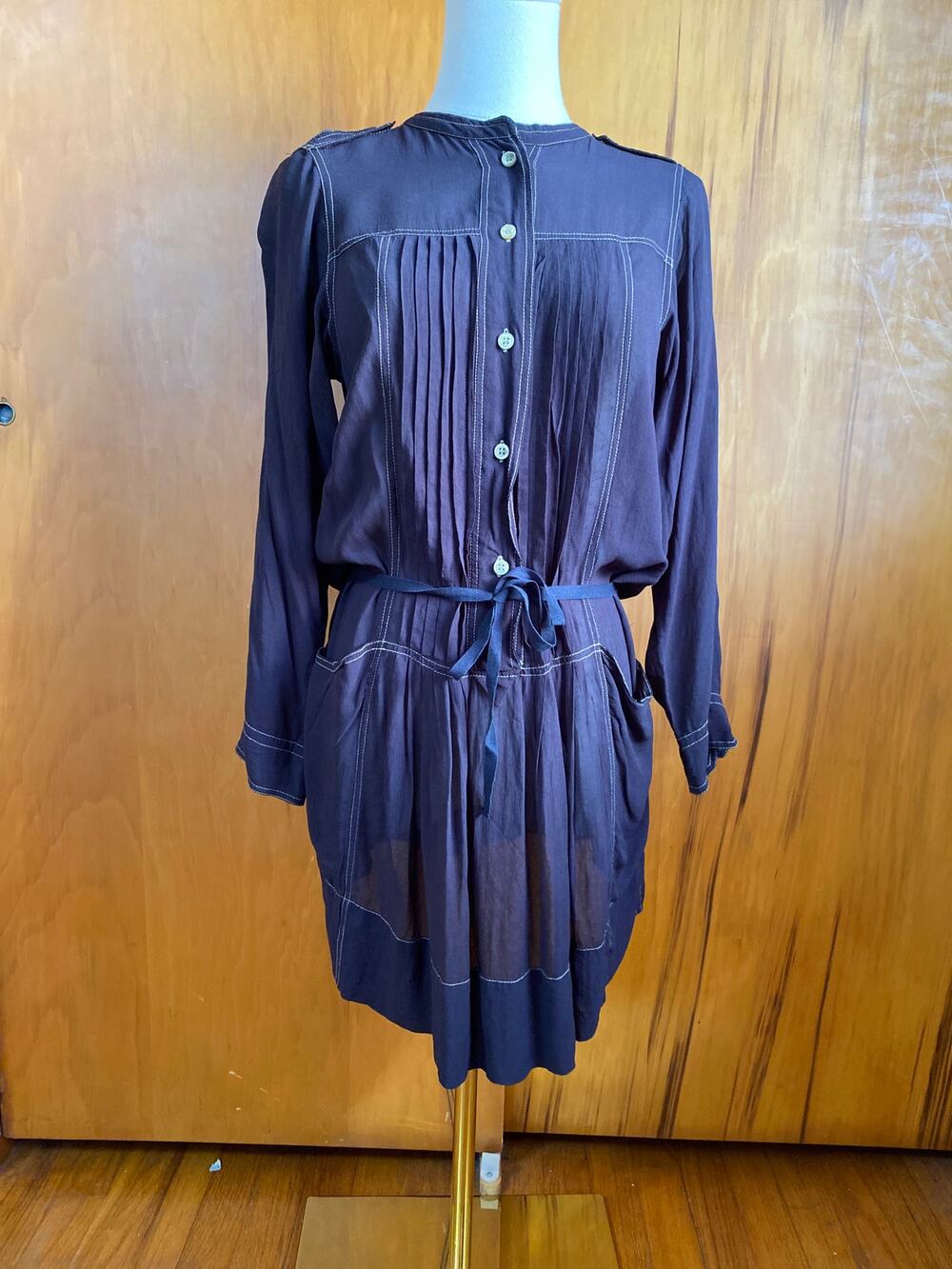Isabel Marant Etoile Navy Blue Sheer Shirt Dress Pintucked 3/4 Sleeve Contrast